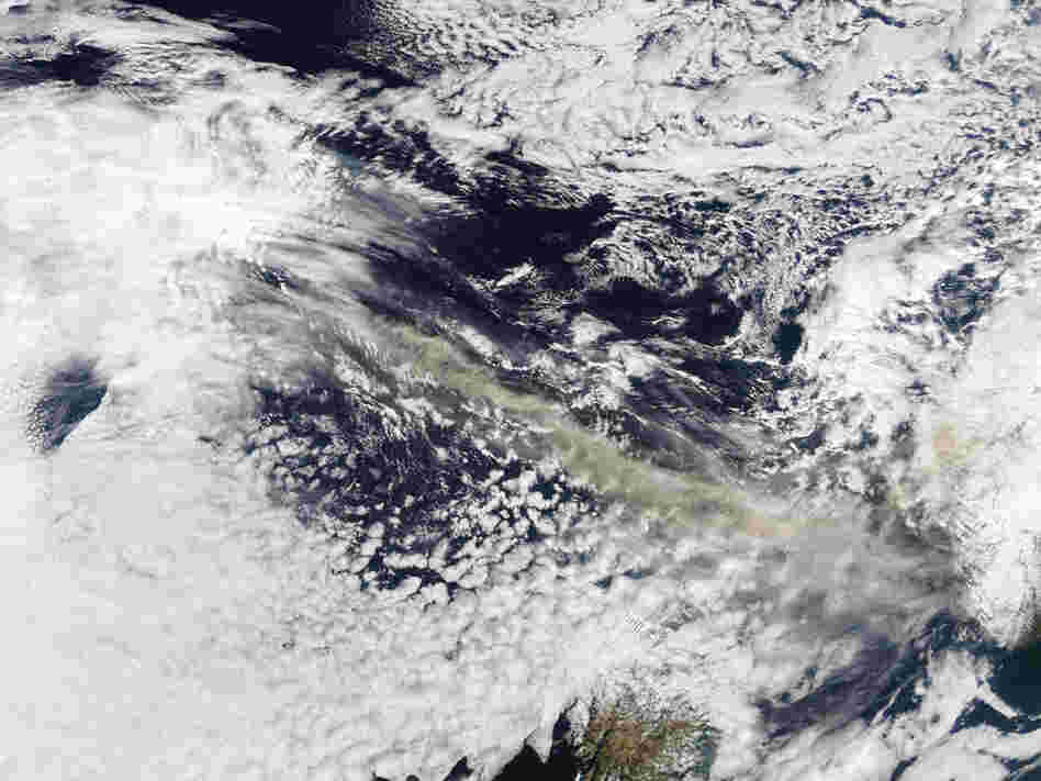 A satellite image shows an ash plume from the Icelandic volcano