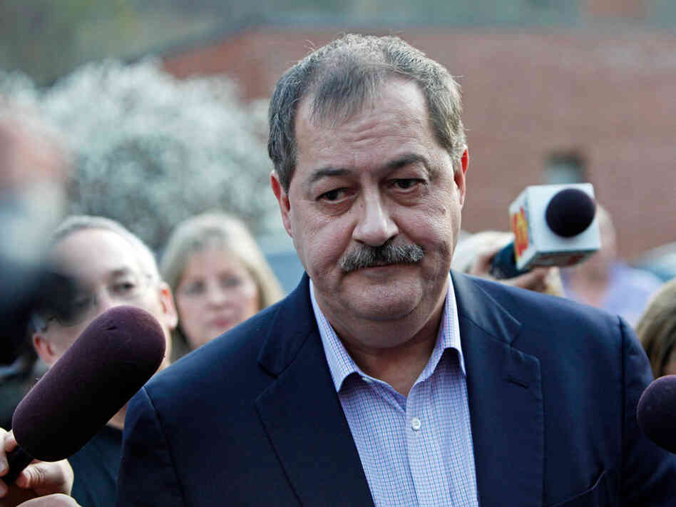 Massey Energy Co. CEO Don Blankenship speaks to reporters in Montcoal, W.Va.