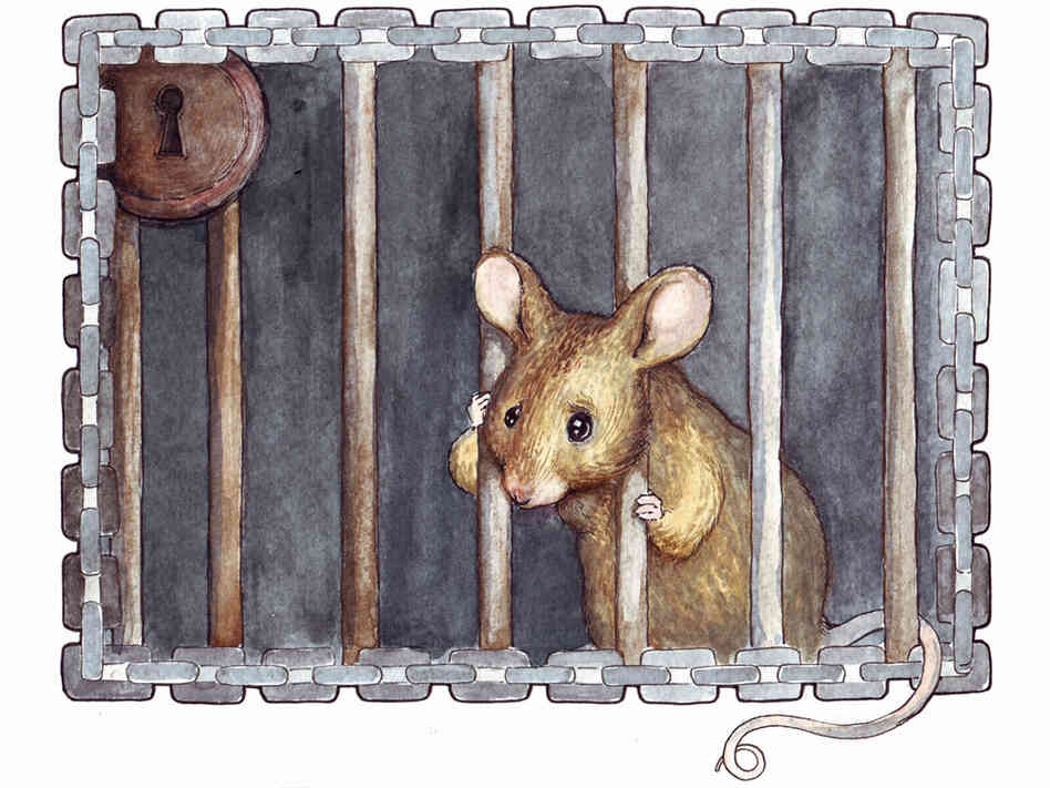 A painting of a forlorn mouse in jail A painting of a forlorn mouse in jail