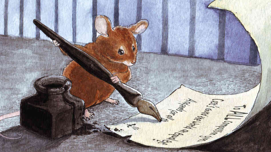 A painting of a mouse writing on parchment A painting of a mouse writing on parchment