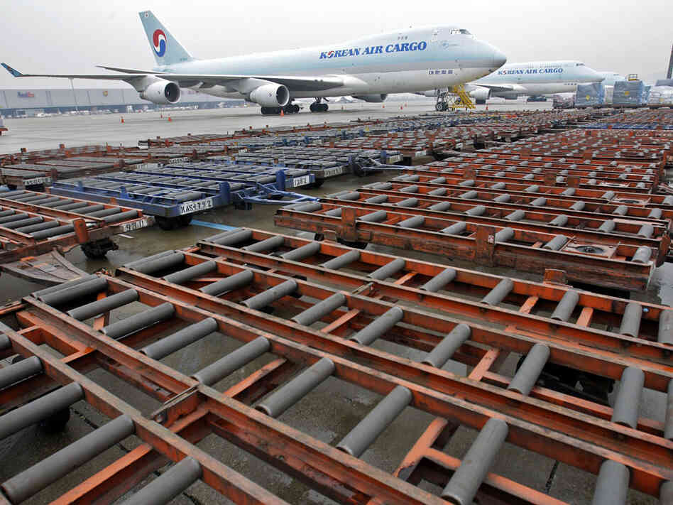 Korean Air cargo planes sit idle on the tarmac at Incheon International Airport in South Korea