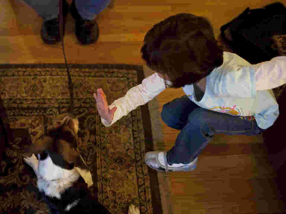 Isabelle practices training the family dog, "Betsy," with her dad.