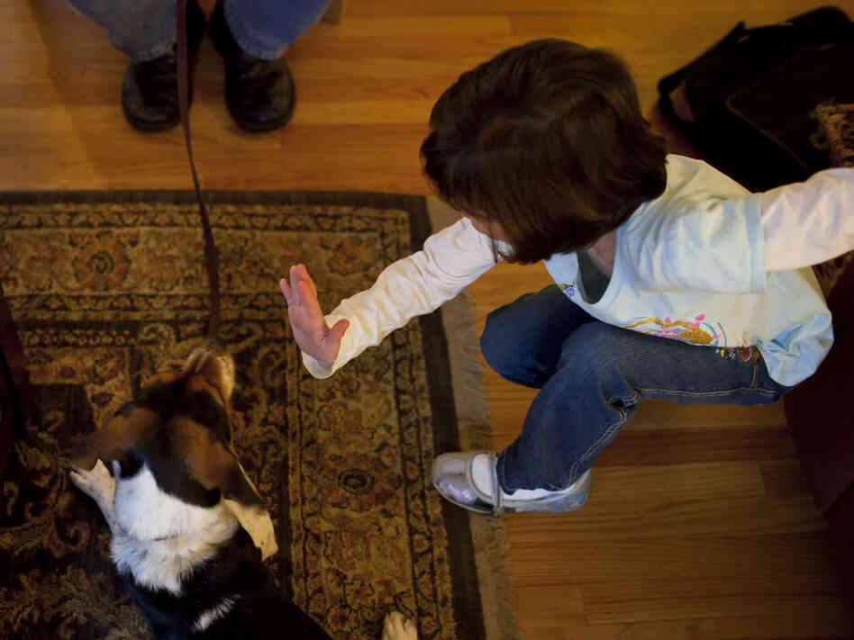 Isabelle practices training the family dog, "Betsy," with her dad.