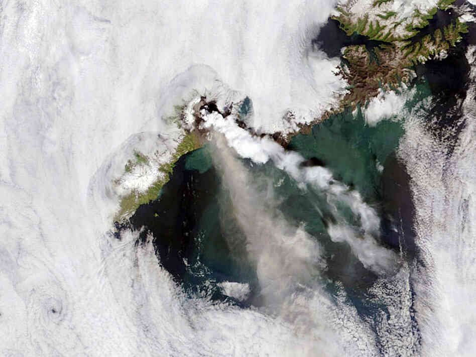 The erupting of the Okmok Caldera volcano on Umnak Island in Alaska
