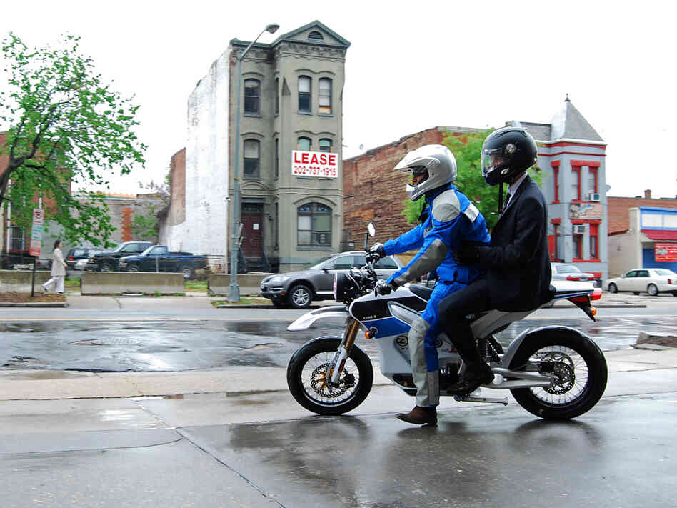NPR's Guy Raz rides behind Zero Motorcycles' Neal Saiki on the 2010 Zero S. May-Ying Lam/NPR