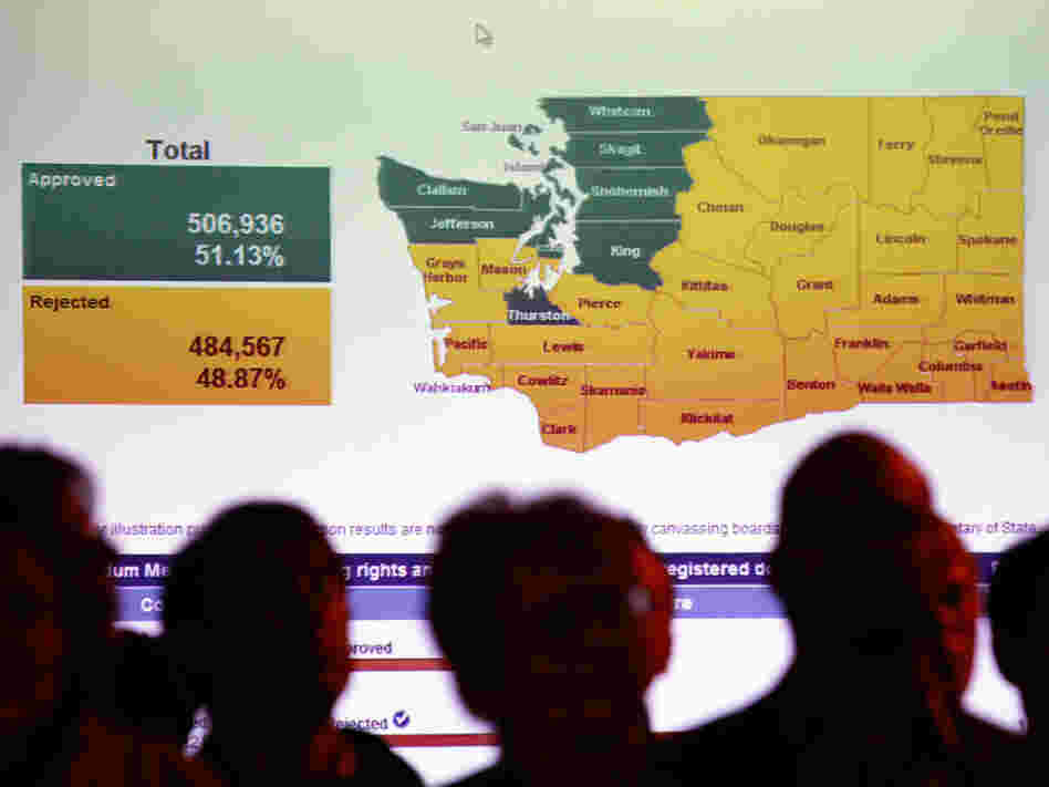 Gay-rights supporters watch results for Referendum 71 on election night, Nov. 3, 2009.