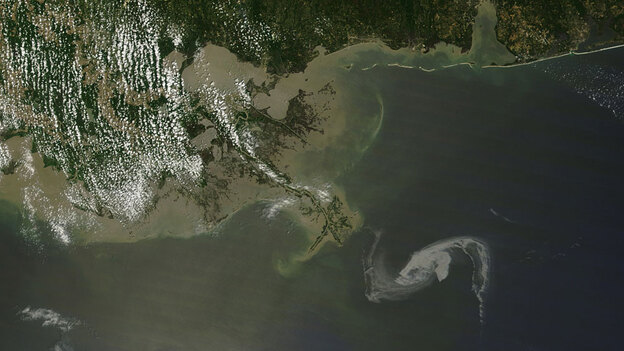 This satellite image shows the oil slick in the Gulf of Mexico as it nears the Louisiana shoreline.