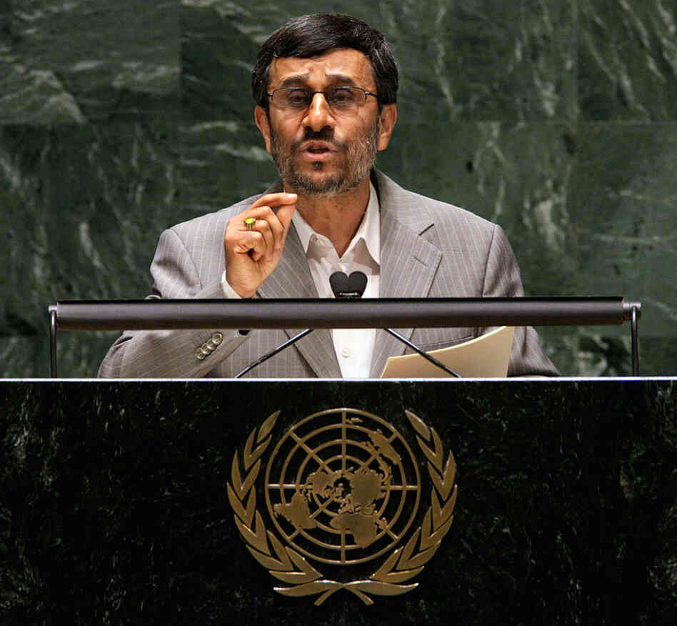 Iran President Mahmoud Ahmadinejad addresses the Nuclear Non-Proliferation Treaty conference.
