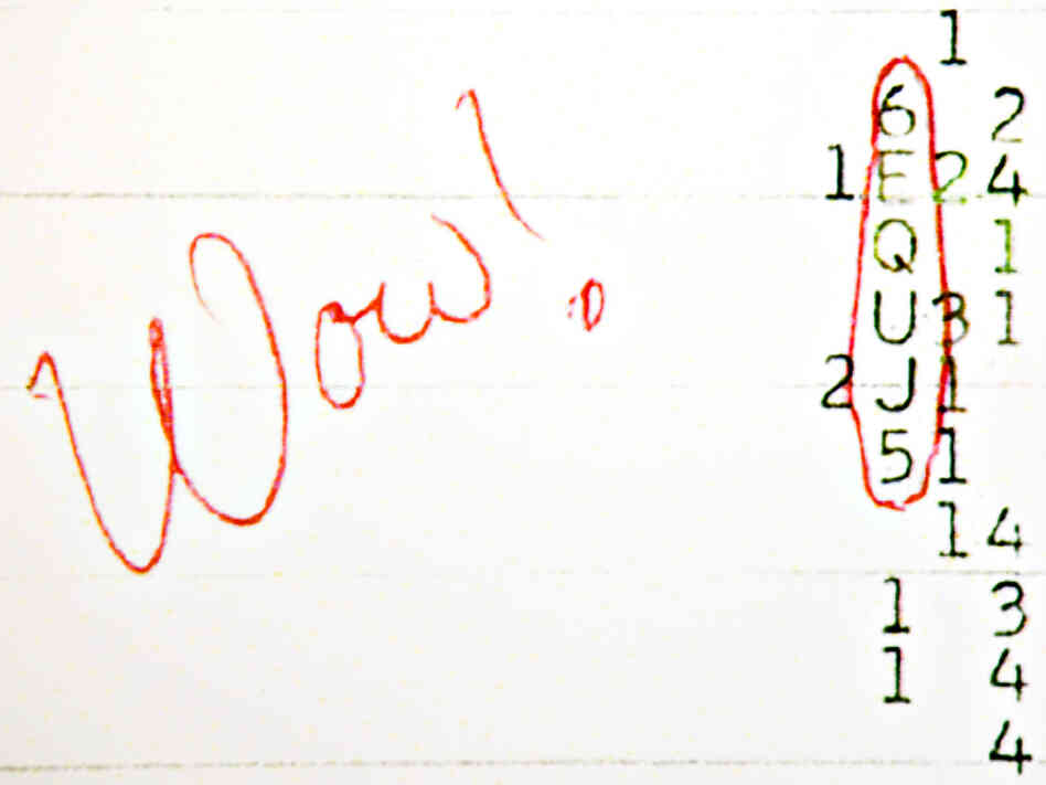 The word "Wow!" is scrawled in red next to a row of numbers on a computer printout The word "Wow!" is scrawled in red next to a row of numbers on a computer printout