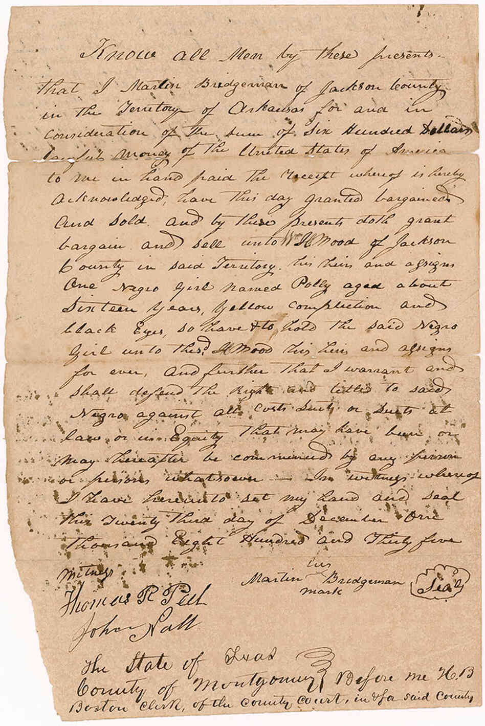 A bill of sale for a slave girl named Polly. Courtesy National Museum of African American History. A bill of sale for a slave girl named Polly. Courtesy National Museum of African American History.