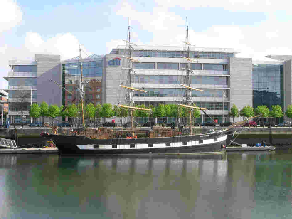 A ship is moored in front of the Citigroup building in Dublin's  Grand Canal area.