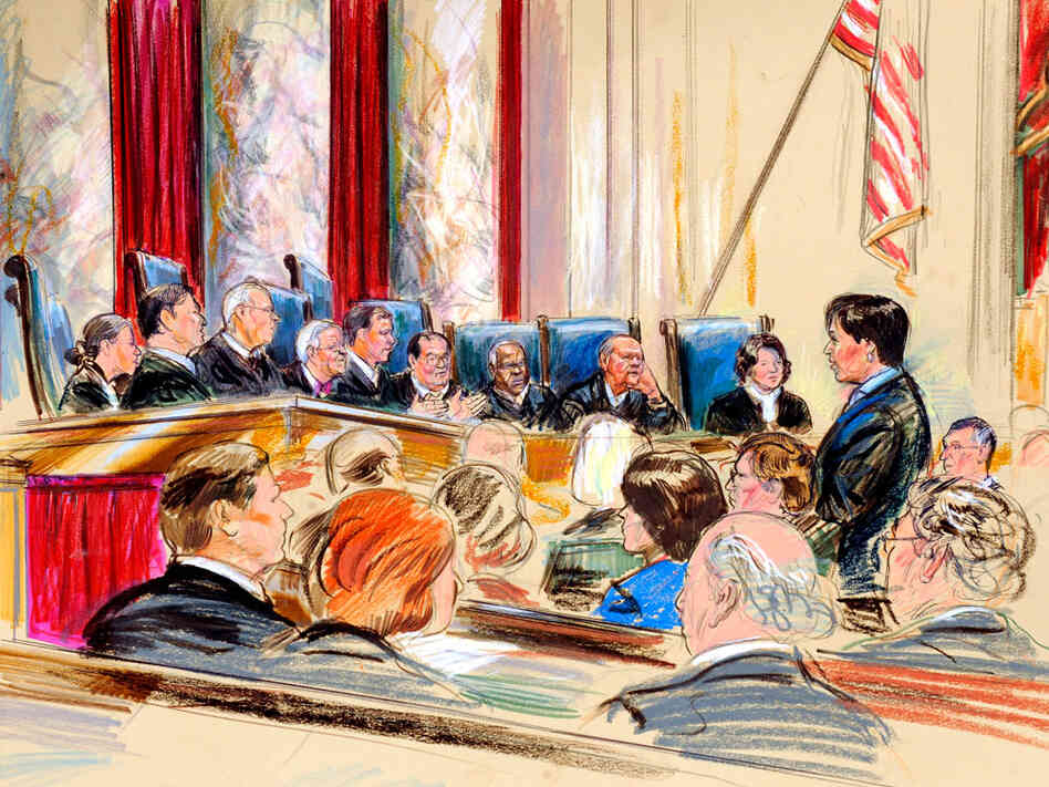 An artist rendering shows U.S. Solicitor General Elena Kagan before the Supreme Court.