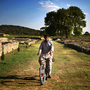 A man rides his bike down the former main street of the ancient city of Sirkap.
