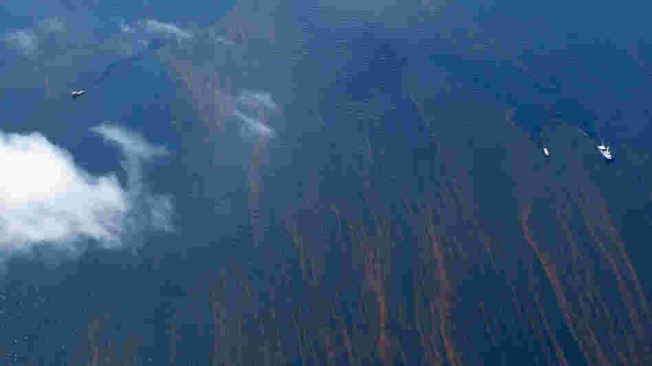 The Gulf's blue waters are streaked with reddish tendrils of oil. Debbie Elliott/NPR