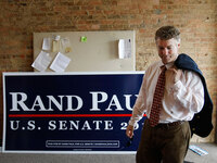 Republican U.S. Senate candidate Rand Paul arrives at his campaign headquarters in Bowling Green, Ky., on Wednesday after winning his party's primary election.