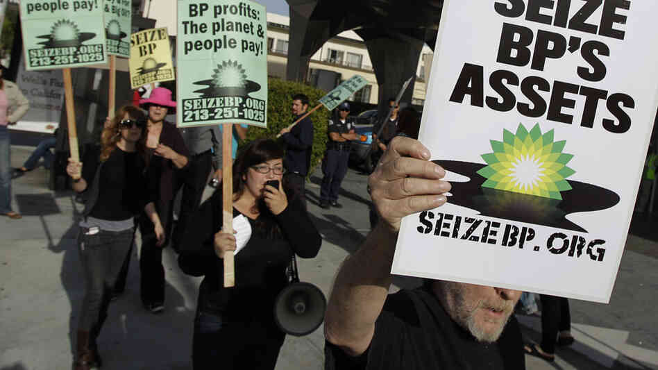 People critical of oil giant BP demonstrated outside an ARCO station in Los Angeles.