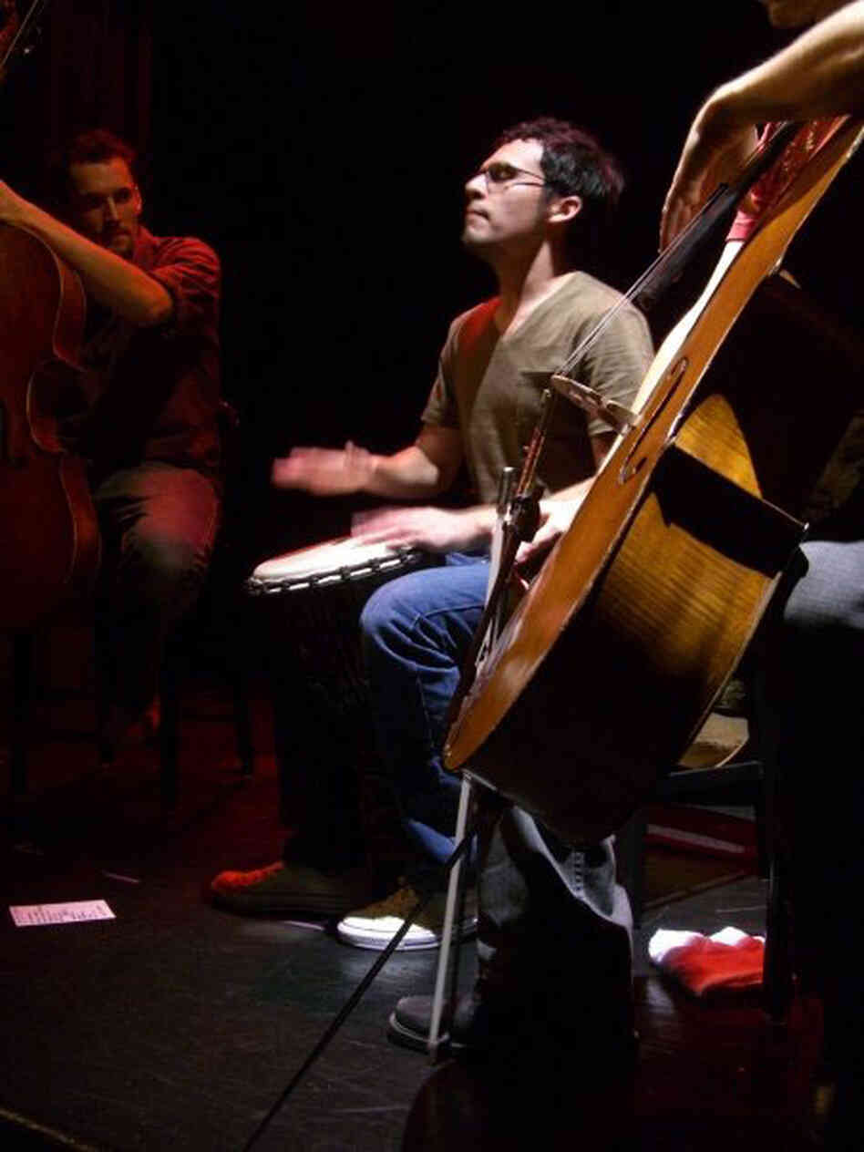 Percussionist Ivan Trevino plays in a cello rock band. Percussionist Ivan Trevino plays in a cello rock band.