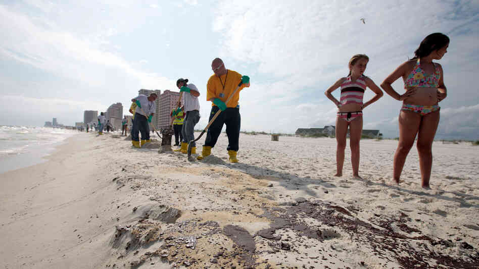BP workers shovel oil and sand. Dave Martin/AP