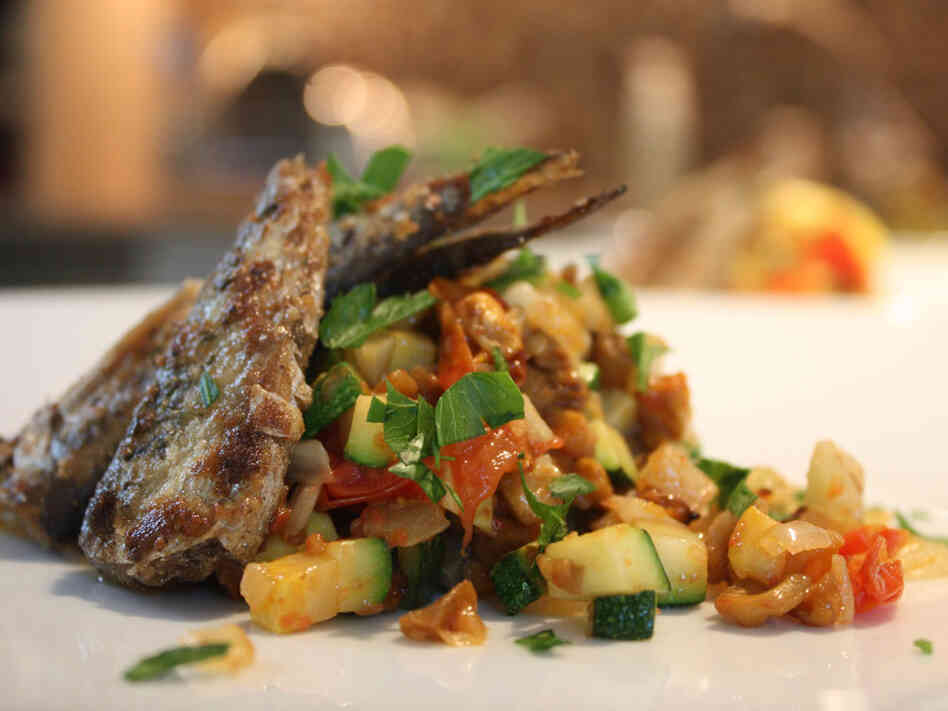 Pan-fried sardines with micro ratatouille.