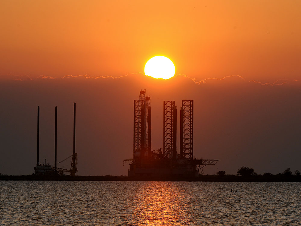 An oil platform waits to be towed into the Gulf of Mexico at Port Fourchon in Louisiana on May 4.