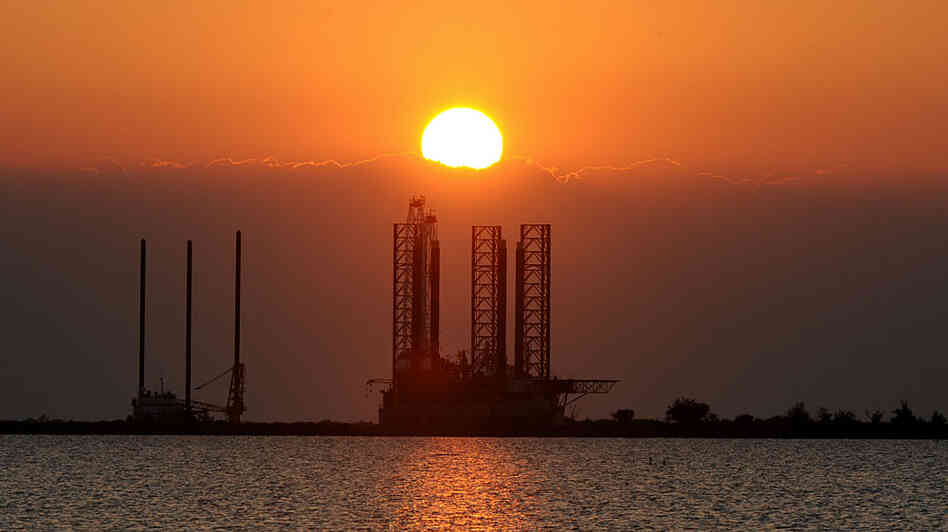 An oil platform waits to be towed into the Gulf of Mexico at Port Fourchon in Louisiana on May 4.