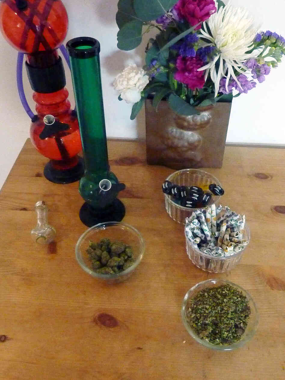 Marijuna and smoking devices at a pot party in California Marijuna and smoking devices at a pot party in California