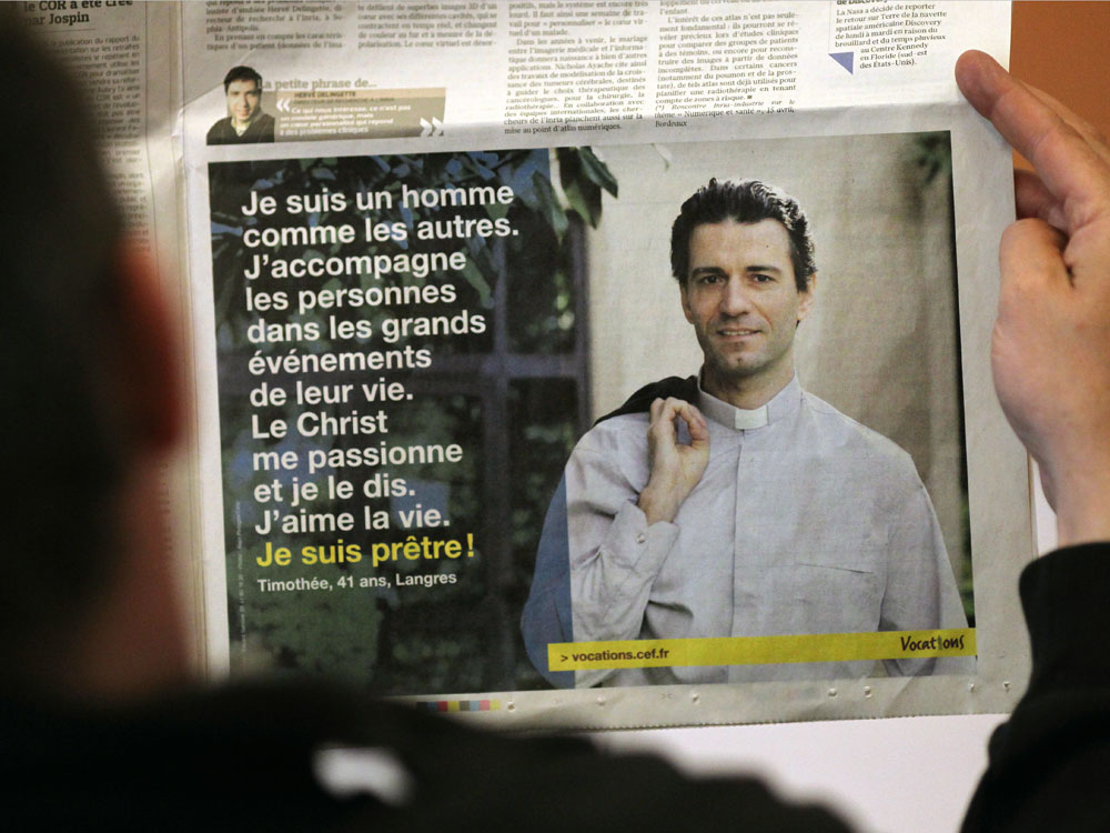 Advertisement in French newspaper recruiting men into priesthood