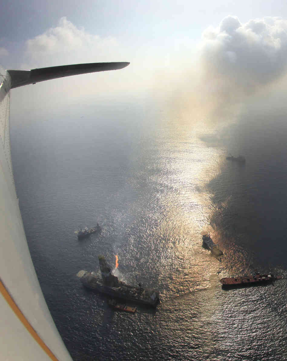 View from Coast Guard plane of the Deepwater Horizon spill site. View from Coast Guard plane of the Deepwater Horizon spill site.