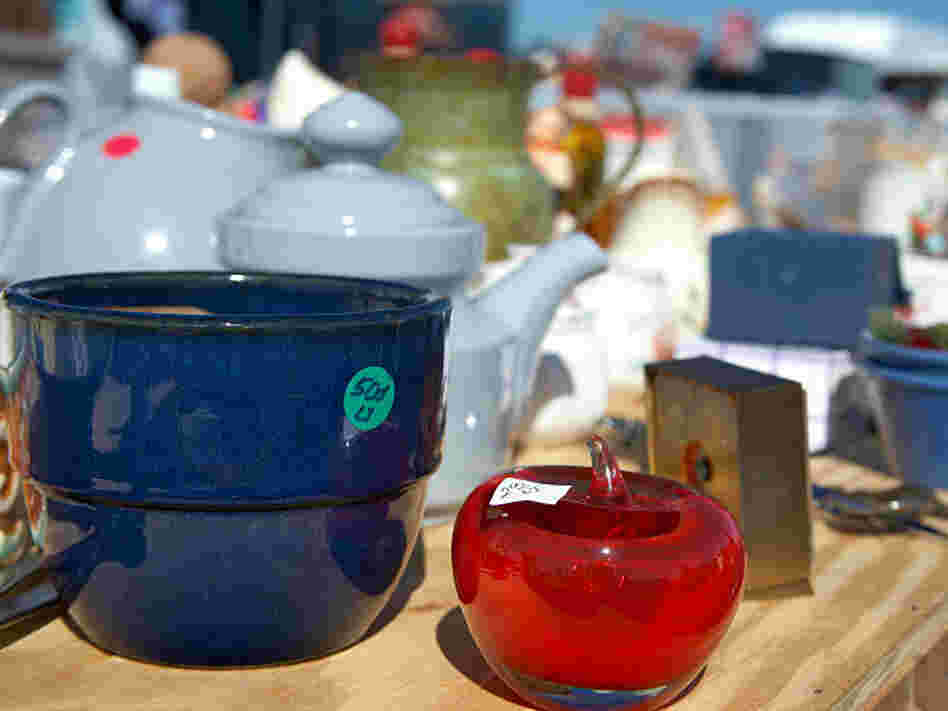 Kitchenware on display at a garage sale
