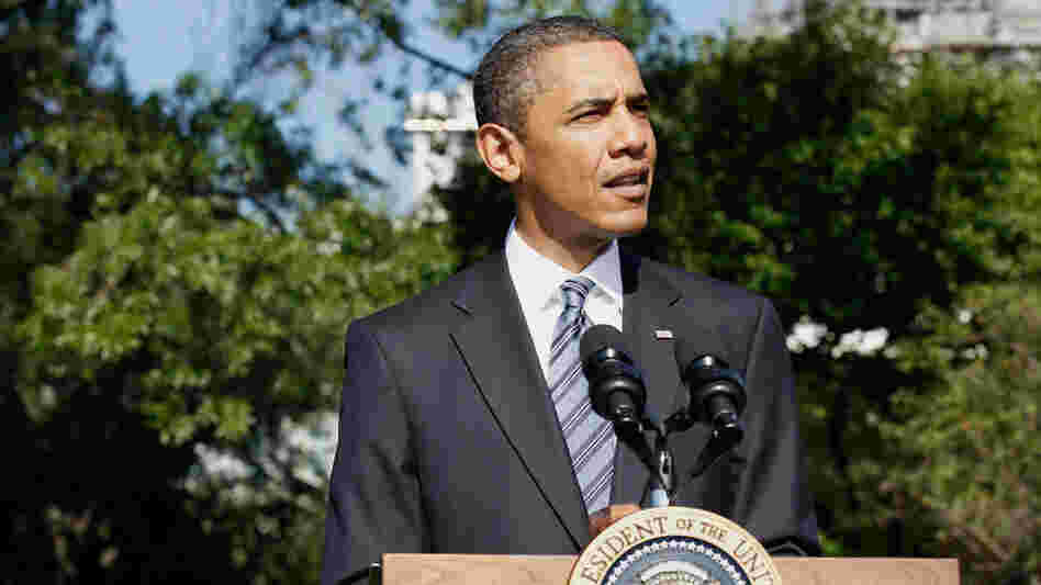 President Obama addresses the media on the South Lawn of the White House.