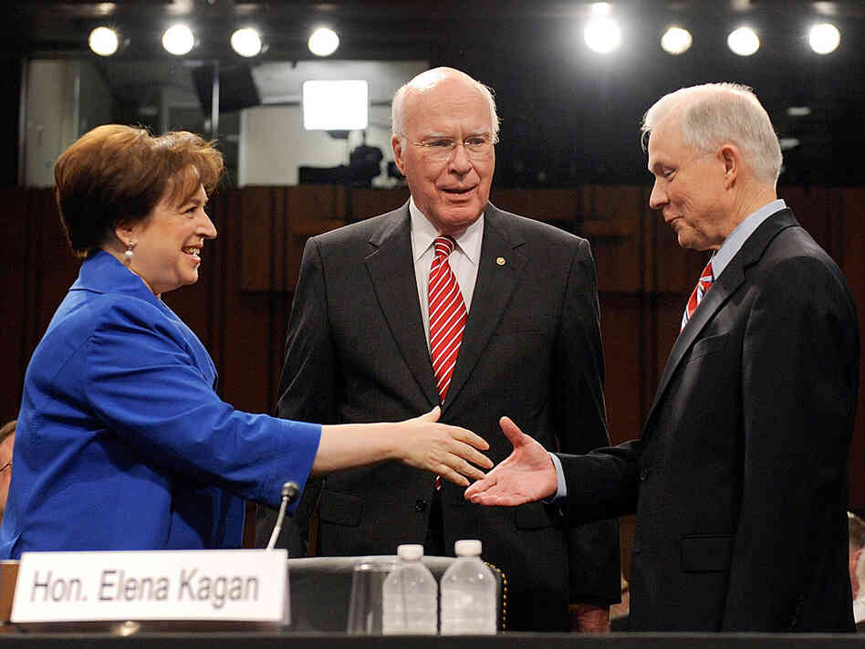 Elena Kagan shakes hands with GOP Sen. Jeff Sessions (right) before Monday's confirmantion hearing.