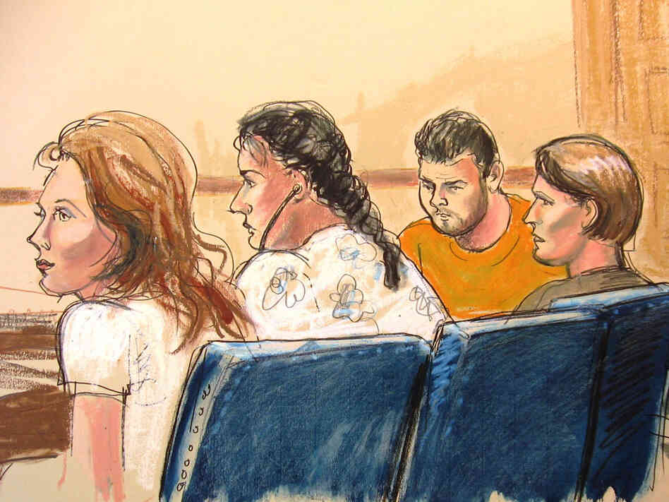In this courtroom sketch, some of the defendants are seen in Manhattan federal court