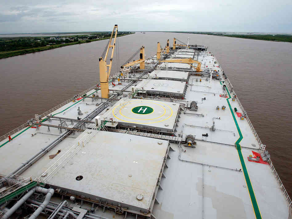 The deck of the A Whale skimmer, some 350 yards long, is seen from its bridge.