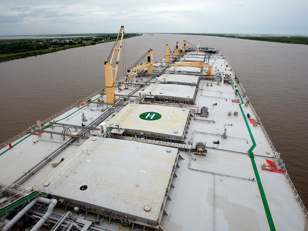 The deck of the A Whale skimmer, some 350 yards long, is seen from its bridge.