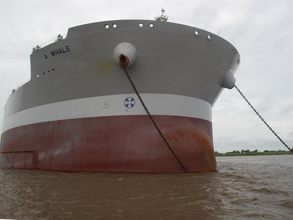 The oil skimmer was anchored in the Mississippi but moved into the Gulf Friday morning for a test.