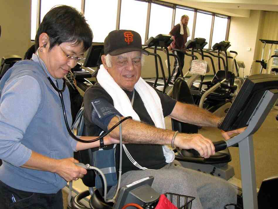 Actor Jonathan Haze bicycles at the Cardiac Rehab Lab at Cedars-Sinai Heart Institute.