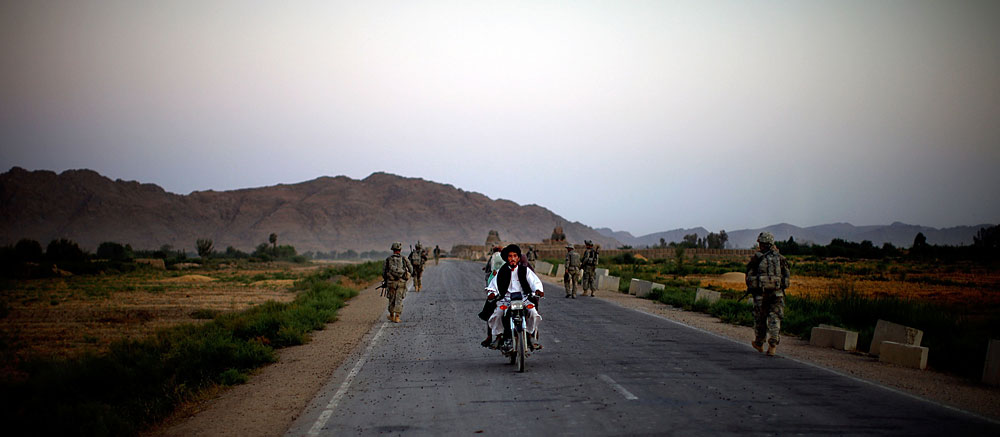 A patrol on a road in southern Afghanistan