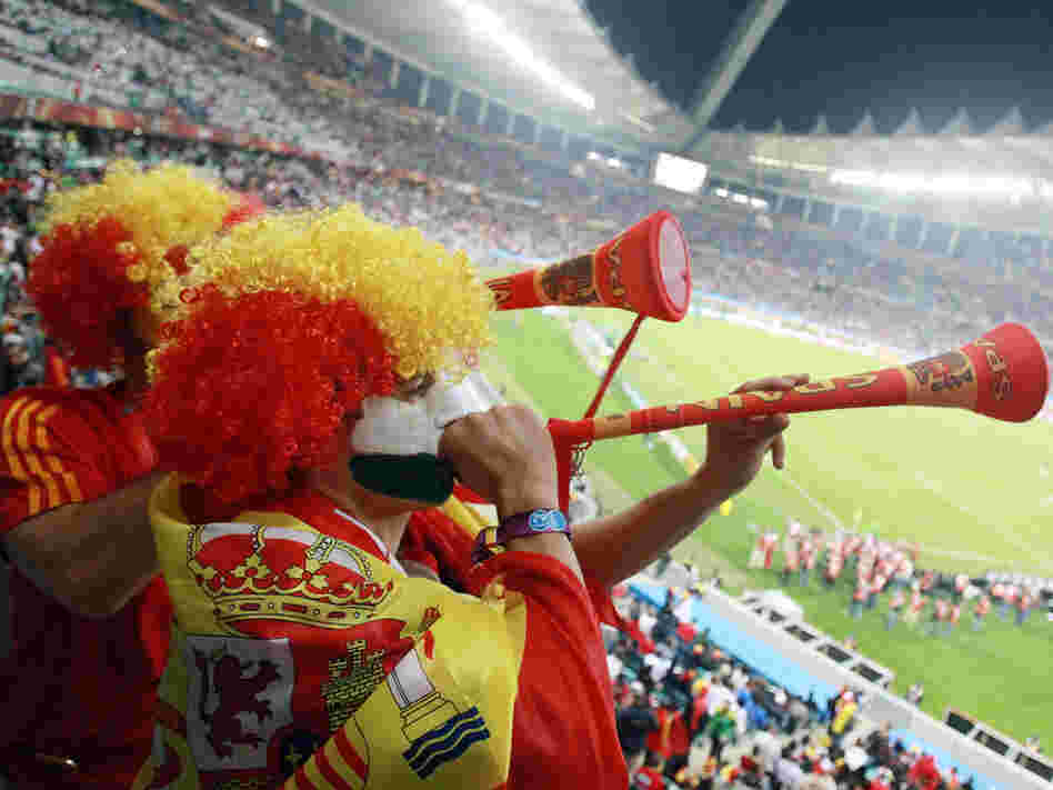 Spain fans play a vuvuzela at the end of the Spain-German match in Durban, South Africa. Spain fans play a vuvuzela at the end of the Spain-German match in Durban, South Africa.