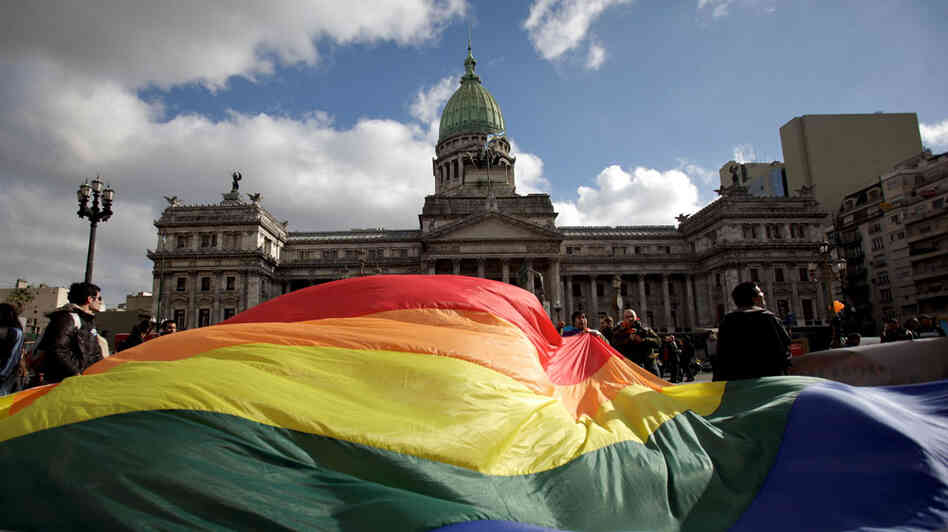 Demonstrators in Buenos Aires wave a gay pride flag