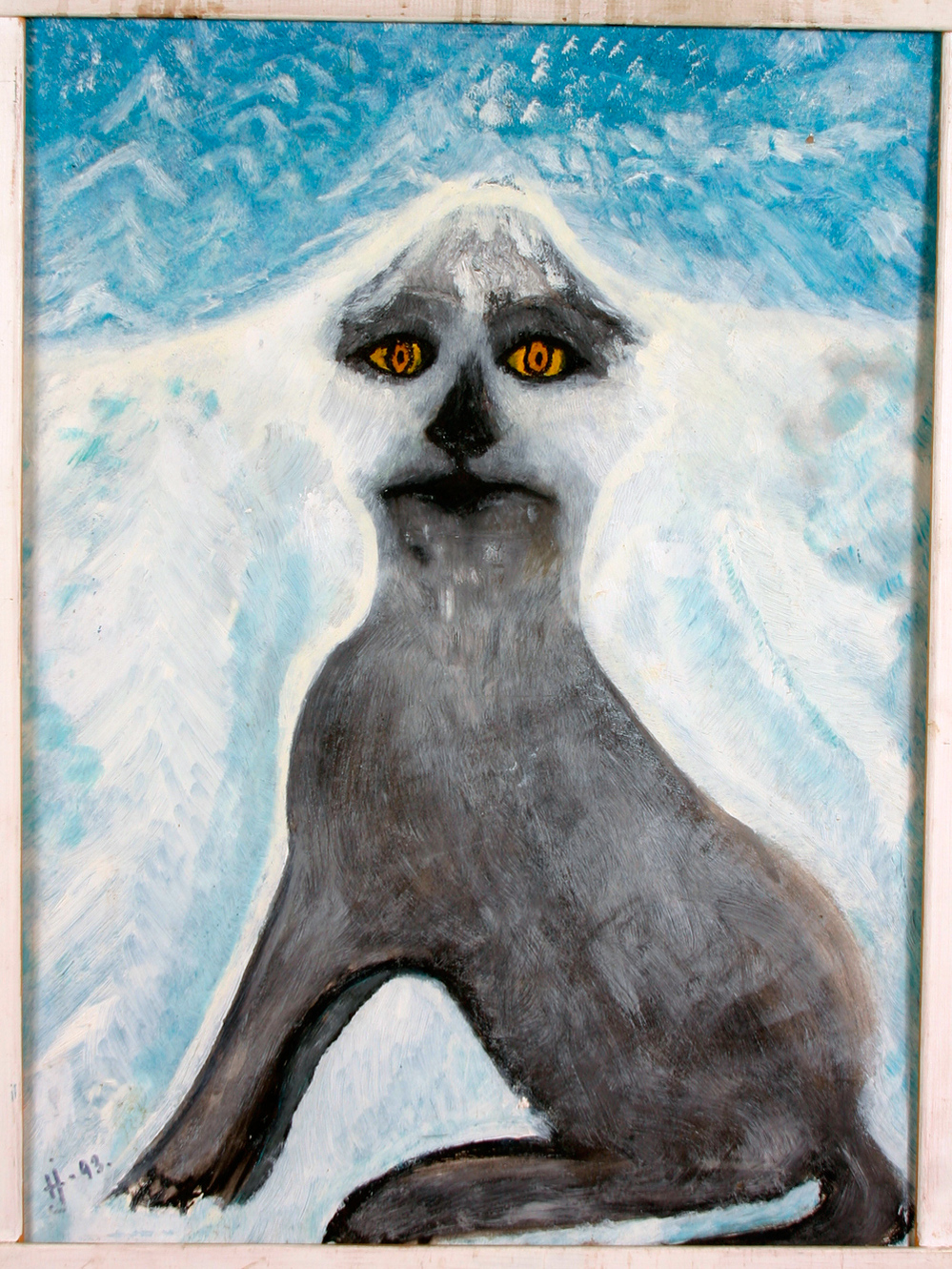 Døg -- artist unknown. Acrylic painting of a gray dog and blue sky, on canvas.