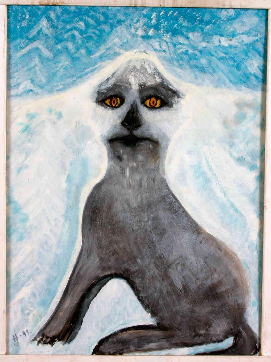 Døg -- artist unknown. Acrylic painting of a gray dog and blue sky, on canvas.
