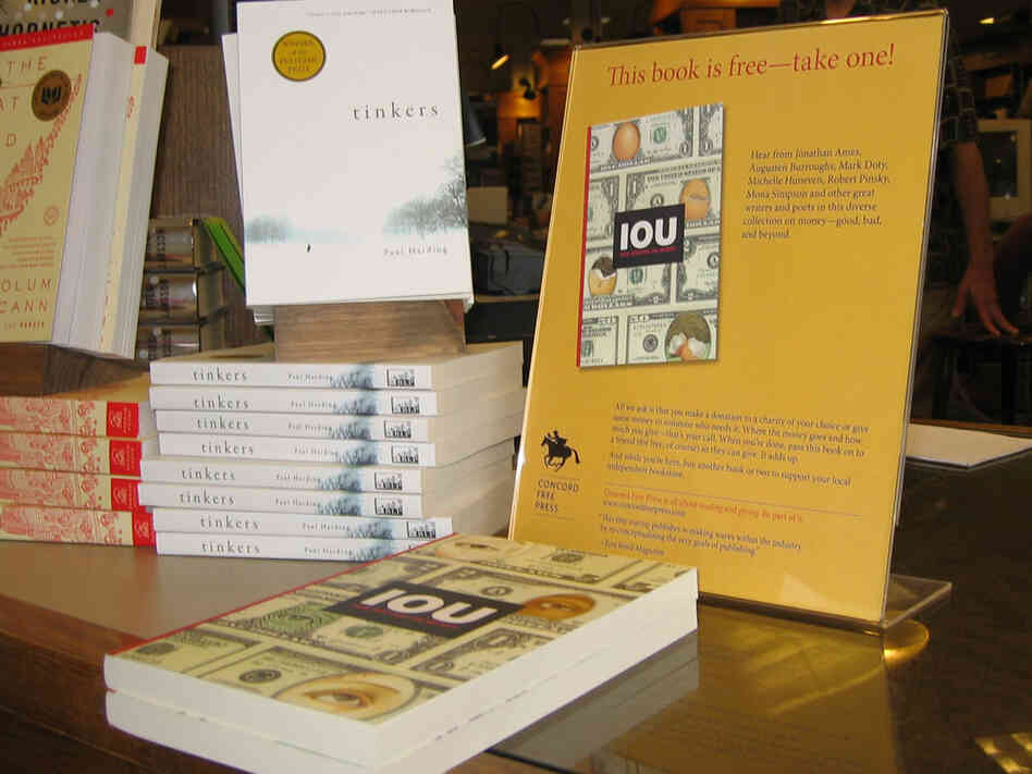 One of the free books published by the Concord Free Press is on display.