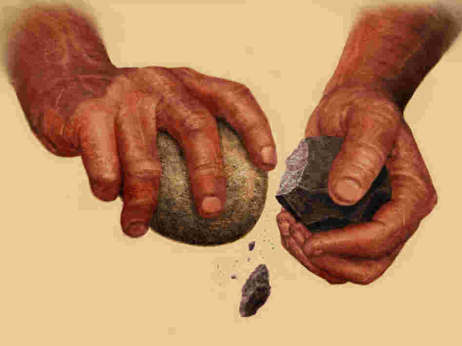 Hands striking rocks to make stone tools.