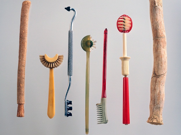 Historic toothbrushes: siwak stick; Taub’s patent toothbrush; gum stimulator; Strockway rotary; Dr. Mayland's.