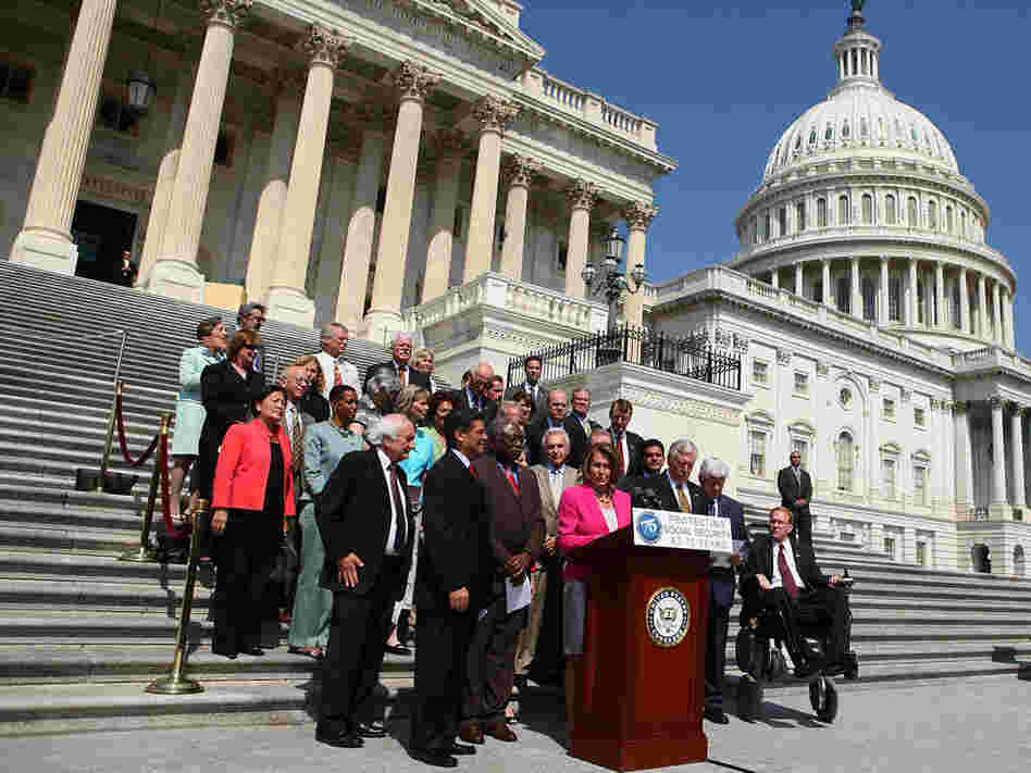 Speaker Nancy Pelosi and other House Democrats; July 28; in front of the Capitol.
