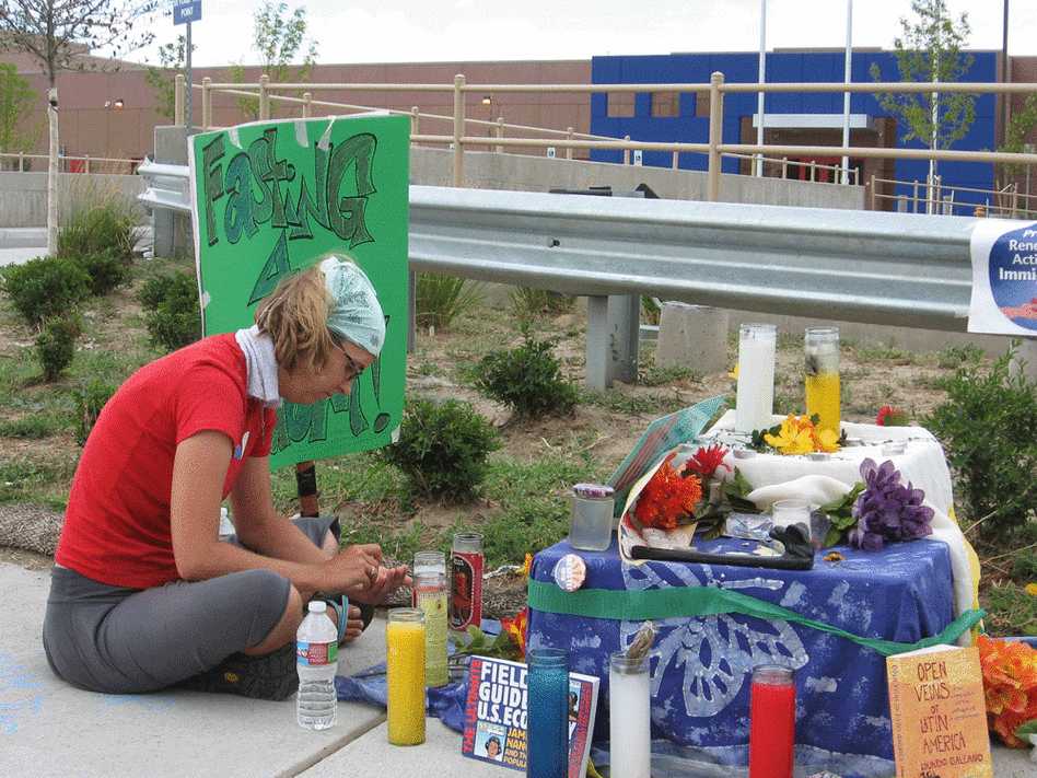 Kate Hoffmeyer at a vigil outside the Immigration and Customs Enforcement processing facility.