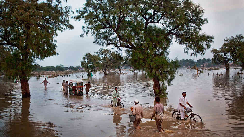 Local residents travel down a flooded road in the hard-hit district of Nowshera in Pakistan.