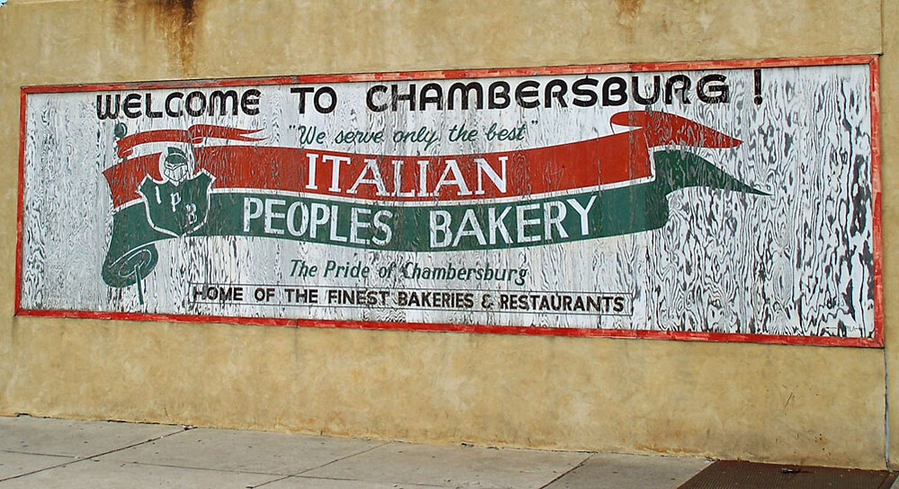 A mural painted on the side of Italian People's Bakery in the Trenton neighborhood of Chambersburg.