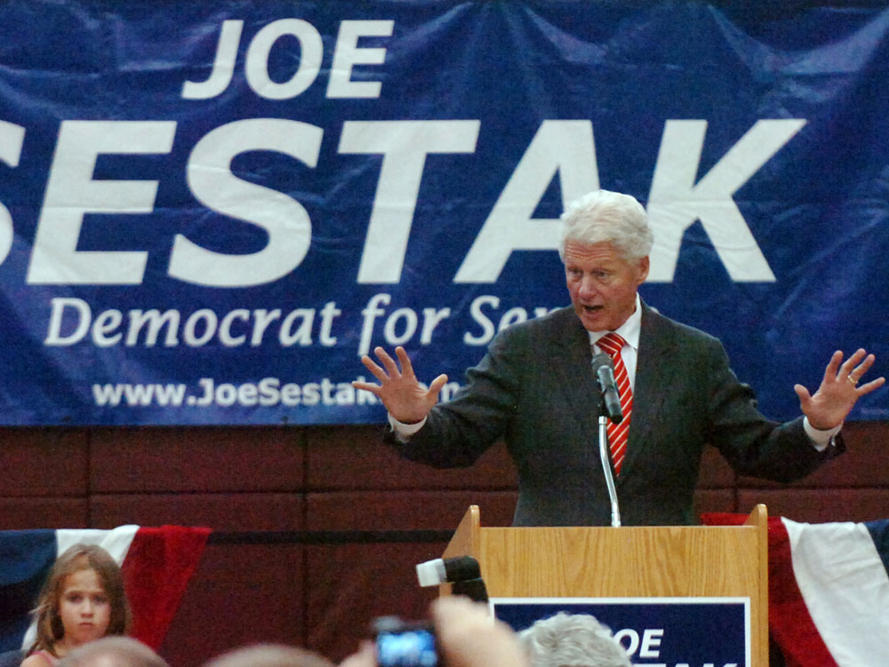 Former President Bill Clinton speaks at a rally for U.S. Senate candidate Joe Sestak.