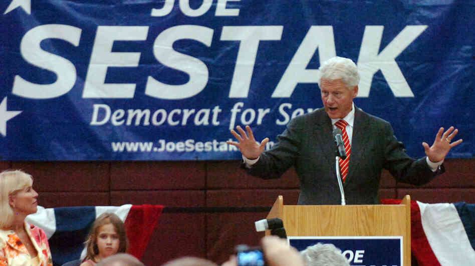 Former President Bill Clinton speaks at a rally for U.S. Senate candidate Joe Sestak.